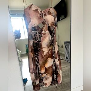 Strapless Floral Lace-Up Dress